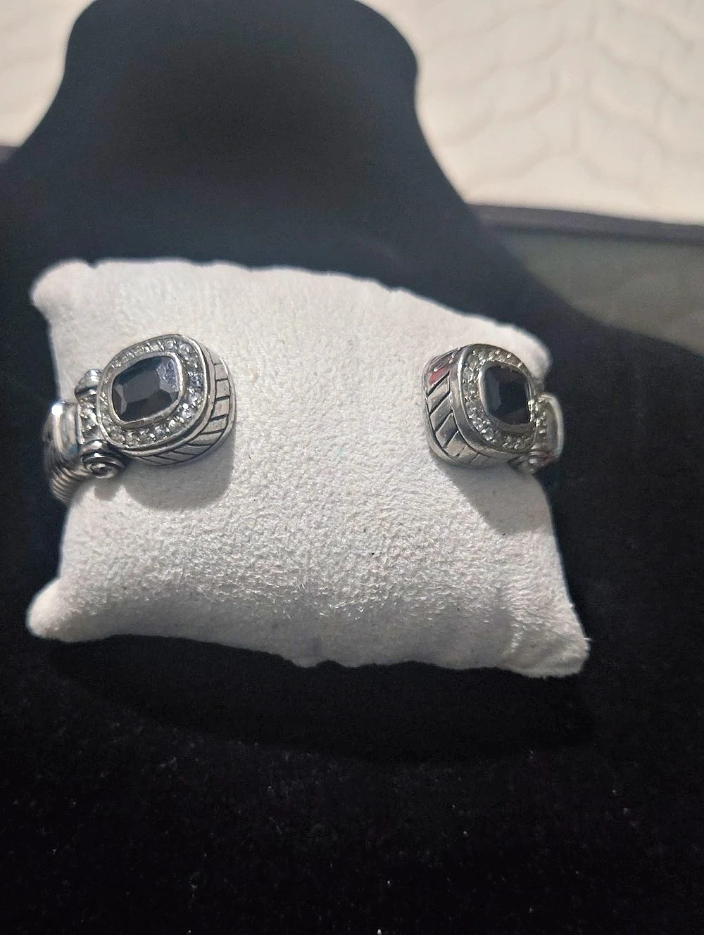 Pretty Tough Gem Hinged Bangle Silver & Black Stone Bracelets